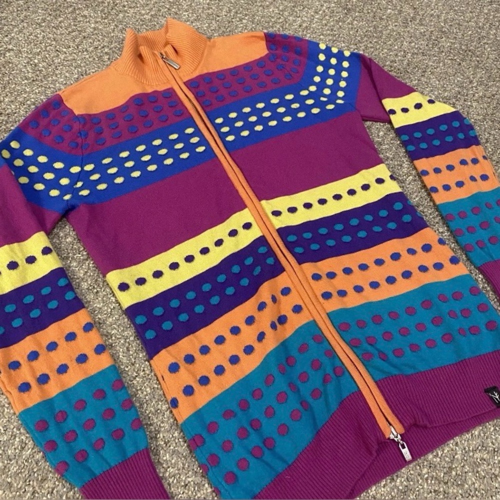 Neve 2-Way Zip Merino Wool Blend Sweater Colorful Polka Dot Women’s Medium EUC